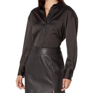 The Drop Logan Silky Shirt Black Satin Button Down Long Sleeve Blouse